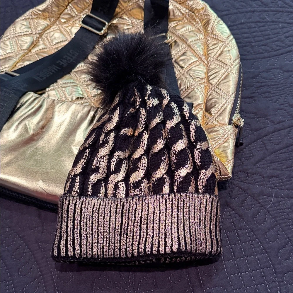 Steve Madden Quilted Metallic Gold and Black Backpack Set. - Picture 6 of 14